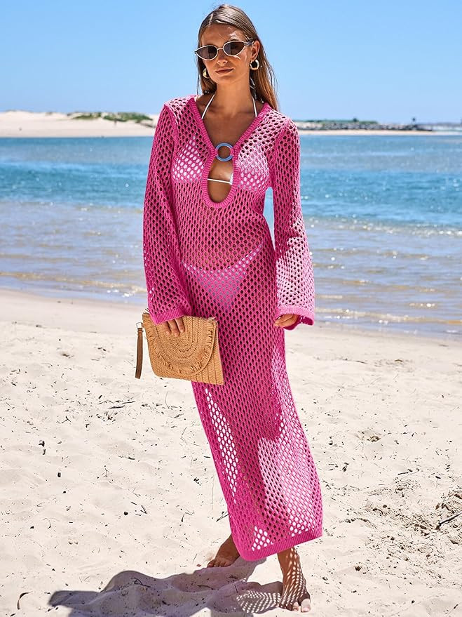 Caracilia Women Swimsuit Coverup Crochet Bathing Suit Swim Cover Ups for Swimwear Summer Long Sle... | Amazon (US)