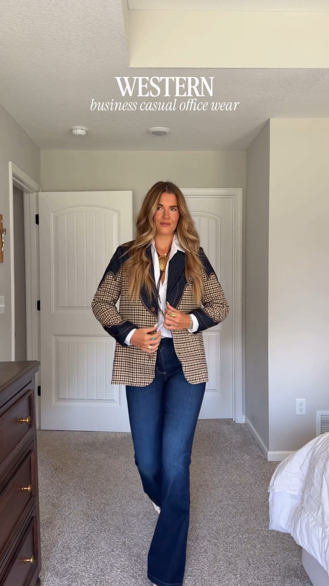 Western officewear - jeans are SO flattering & comfy + they come in a 36 inch inseam! 
SIZING:
Black denim jeans- color LEIGHTON - Waist 27 - Inseam 36
Dark denim jeans - color MADILYN - Waist 26 - Inseam 36
Houndstooth Blazer - Size XS (need a small for layering though!)
Brown horse sweater vest - Size Small
Denim short sleeve - Size Small 
White horseshoe cardigan - Size Small
Dark blue horse blouse - Size Small
 #ad @Wrangler