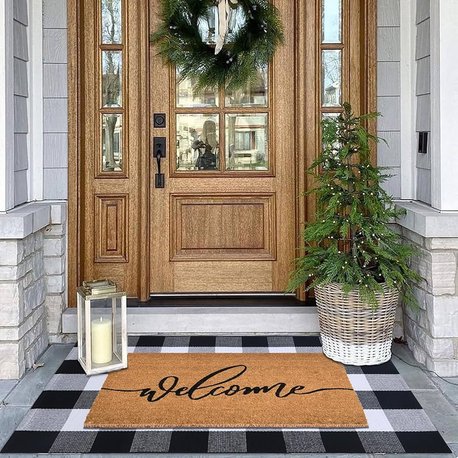 Welcome Front Door Mats Combo Set, 100% Coco Coir Doormat + 28" x 43" Black and White Plaid Rug, ... | Amazon (US)