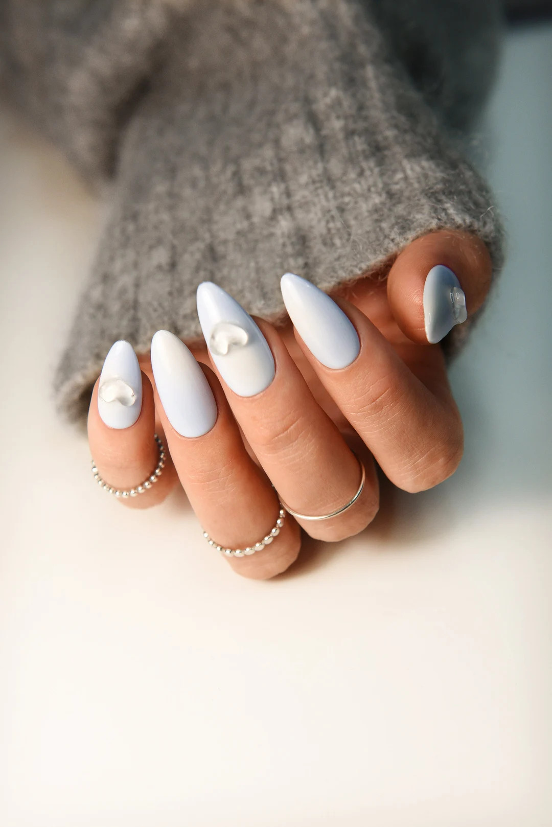 3D Hearts Blue Nails With Ombre White Press on Nails for Her, Pastel Glue on Nails, Blueberry Mil... | Etsy (US)