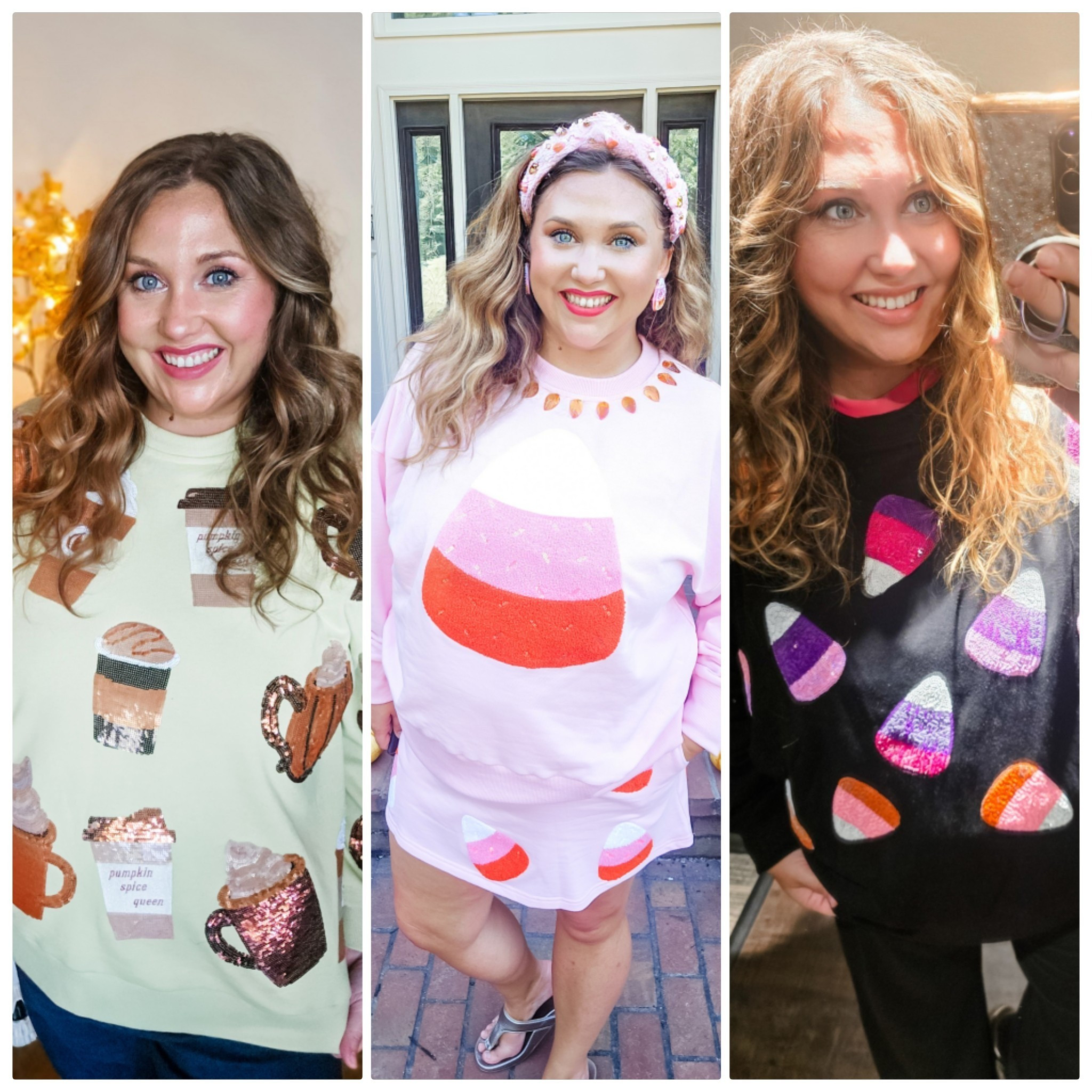 You would not believe the messages I have received asking for "budget friendly" Halloween sparkle.If I had to rank by quality and cost...QOS is the most expensive but also quality. Brianna Cannon would be next for price, quality is good.Then I like the Whiskey Darling candy corn I have on today. It is very comfy as well (not scratchy). And the lesser price of all 3.But I have also tagged Amazon options but note... the lower price options I see a lot of reviews that they fall apart...fast.Happy Sparkle shopping all!

#LTKHalloween #LTKHoliday #LTKSeasonal