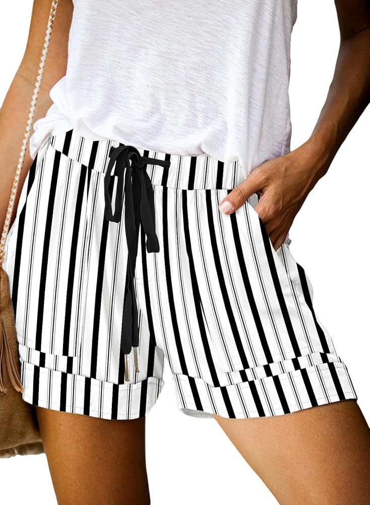 Basoteeuo Womens Shorts Summer Comfy Cotton Elastic Waist Drawstring Casual Shorts with Pockets | Amazon (US)