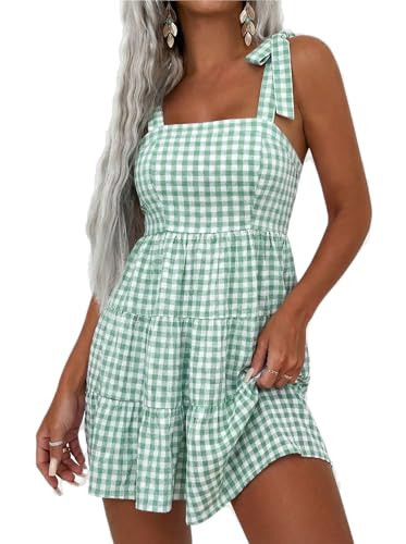 FOMELY Gingham Dress Women Cotton Plaid Tiered Checkered Milkmaid Tie Shoulder Flowy Beach Vacation Summer Mini Dresses Milk Maid Light Green Size 4 6 Small | Amazon (US)