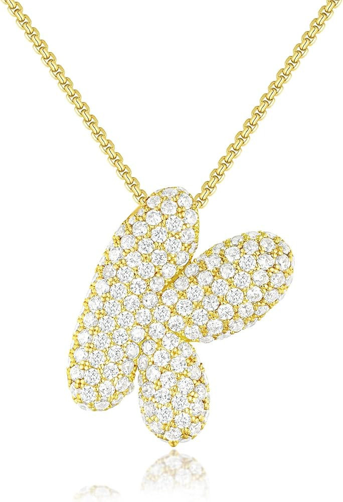 KissYan Bubble Letter Necklace, 14K Gold Plated Balloon Initial Pendant Box Chain Necklace Dainty... | Amazon (US)