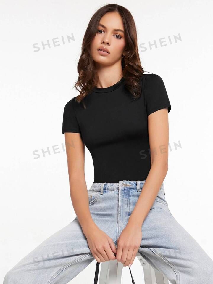 evoluSHEIN Women's Stand Collar Short Sleeve Black Bodysuit | SHEIN