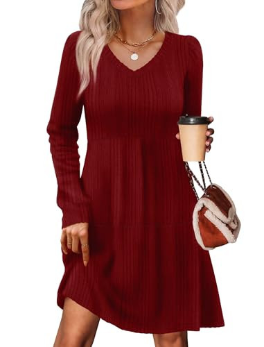 Sampeel Womens Casual Dresses Babydoll Winter Warm Tunic Sweater Dress with Pockets Maroon S | Amazon (US)