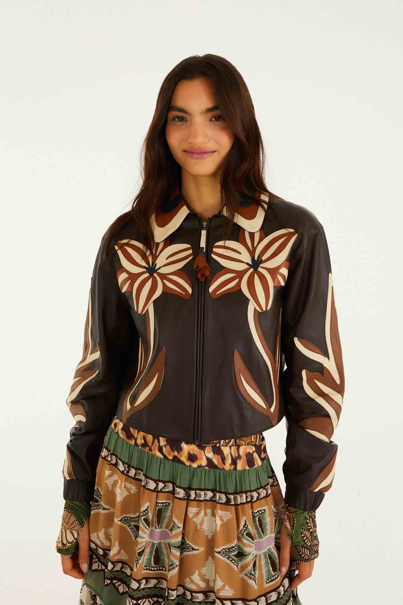 Brown Flower Cutwork Collared Leather Jacket | FARM Rio | FarmRio (US)