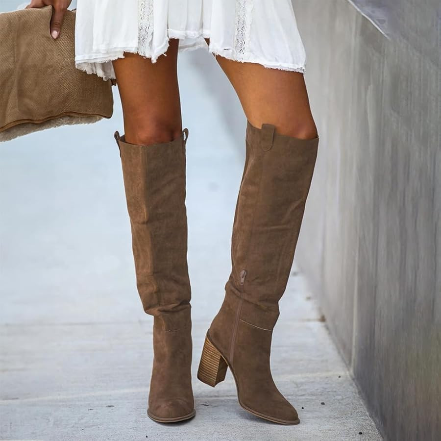 Erocalli Suede Knee-High Boots Fall Boot For Women Chunky Block High Heel Slouch Fashion Boot Rou... | Amazon (US)