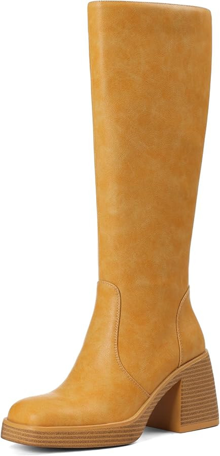 Women Knee High Boots Faux Leather Platform Chunky Square Toe Heeled Side Zipper Fall Wide Calf L... | Amazon (US)