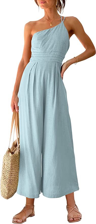 ANRABESS Women's Summer Straps One Shoulder Pleated High Waist Casual Wide Leg Jumpsuit Romper wi... | Amazon (US)