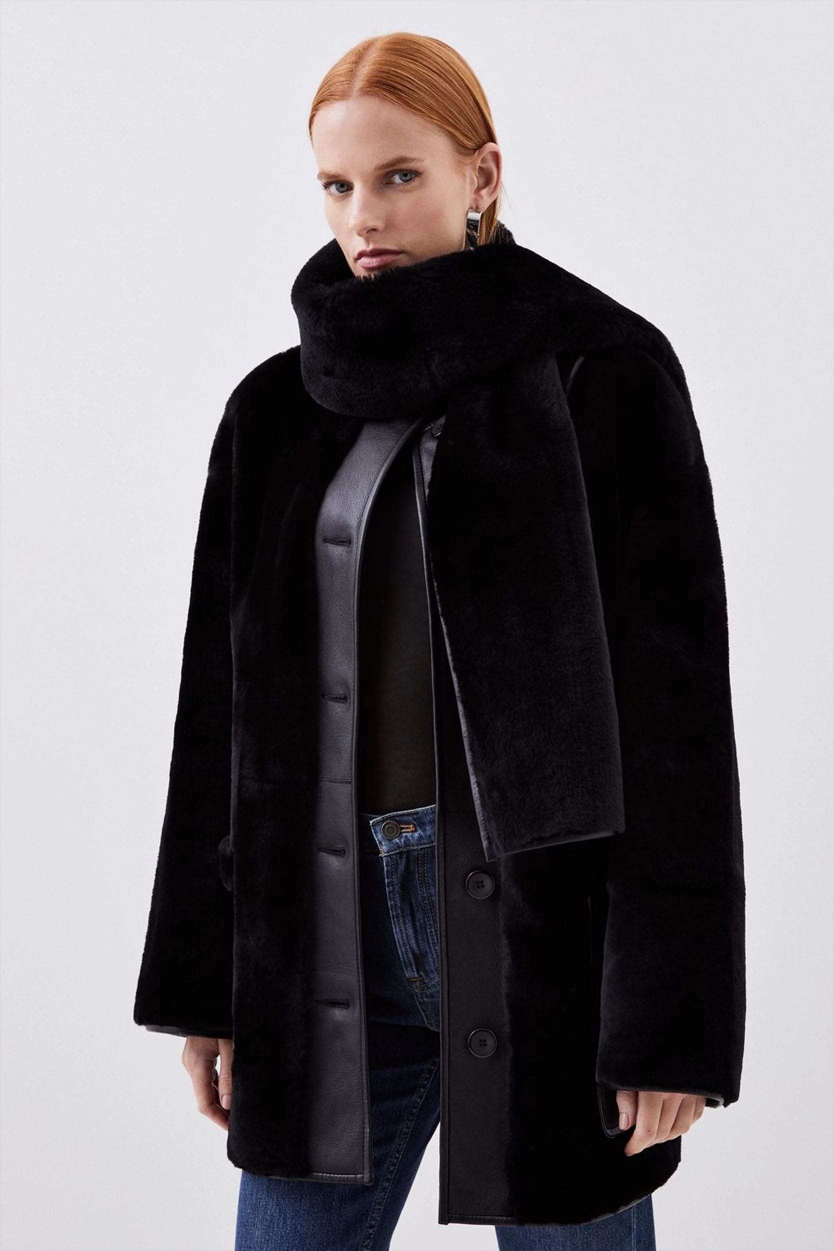 Italian Reversible Shearling Detachable Scarf Detail Coat | Karen Millen UK + IE + DE + NL