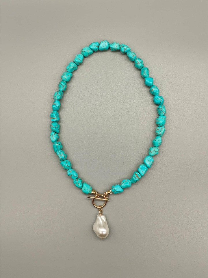 1pc Vintage OT Buckle Faux Pearl Pendant Turquoise Beaded Necklace For Women For Gift | SHEIN