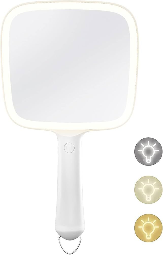 Lighted Handheld Mirror with 3 Light Color and Dimmable, 6.2'' X 5.9'' Makeup Mirror, Wide Viewin... | Amazon (US)