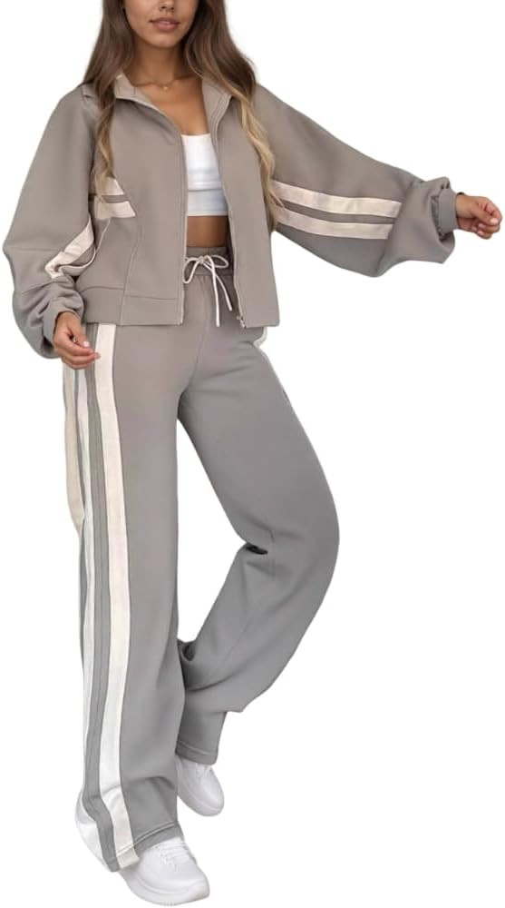 Women's Sweatsuit 2 Piece Outfits Y2K Striped Long Sleeve Zip Up Jacket Wide Leg Sweatpants Track... | Amazon (US)