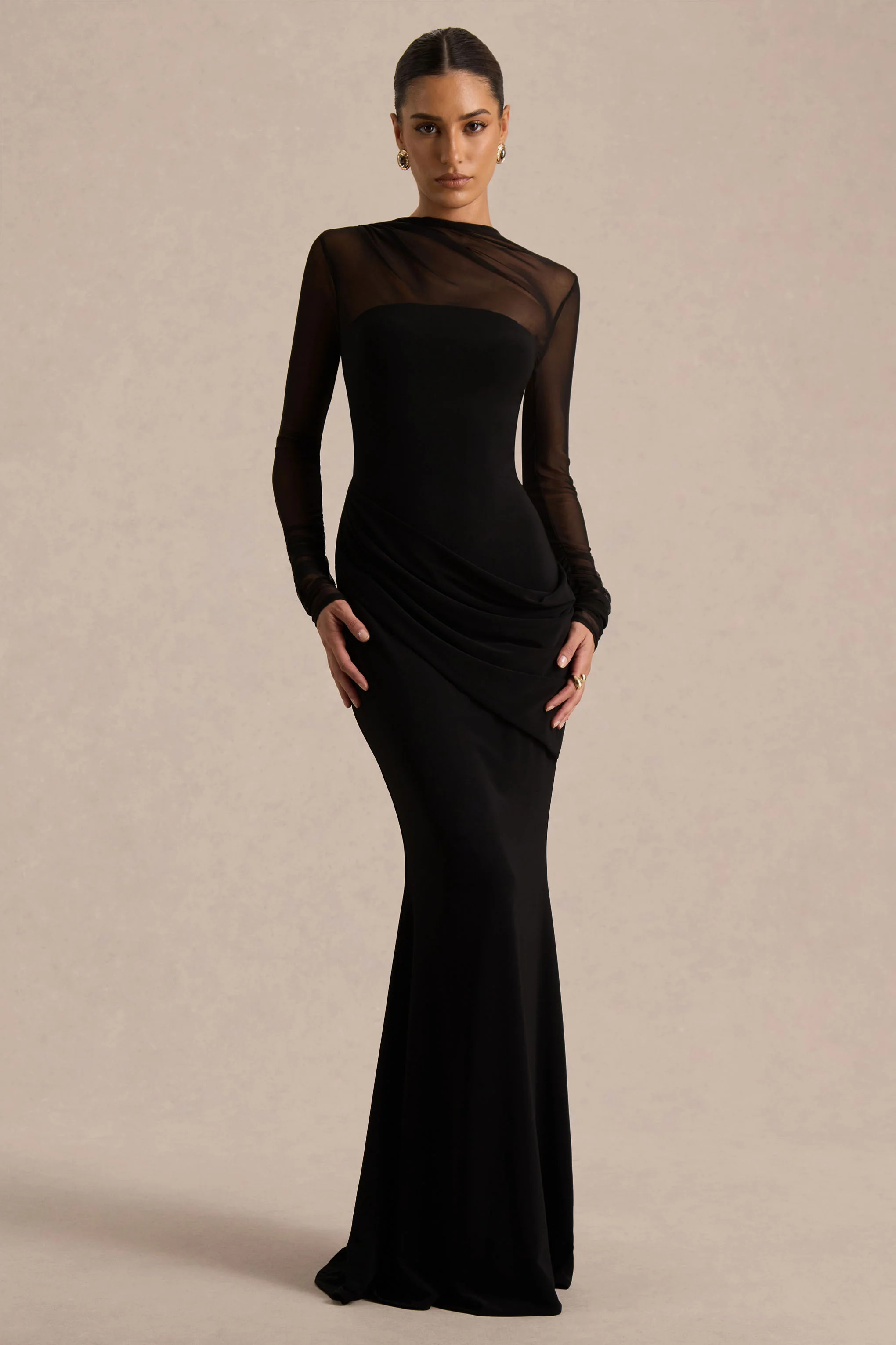 Deema | Black Jersey And Mesh High Neck Maxi Dress | Club L London