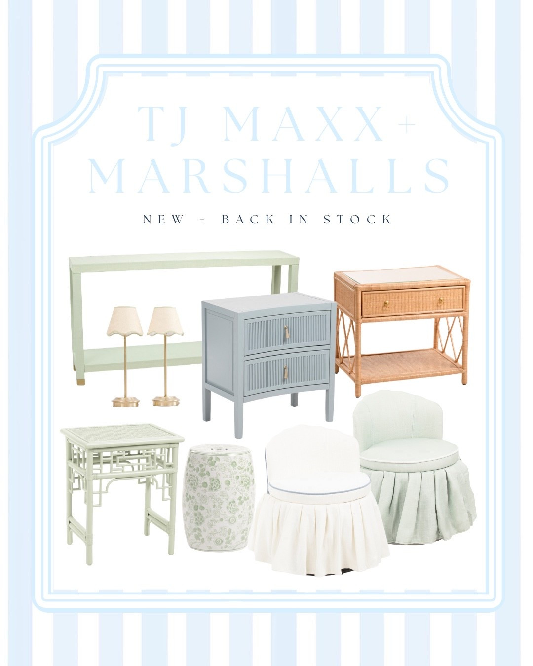 New + Back in Stock Lillian August Marshalls and TJ Maxx look for less finds! Southern Coastal vanity seating, linen wrapped console table, rattan lamps with scalloped detail & more designer inspired home finds

#LTKSaleAlert #LTKHome