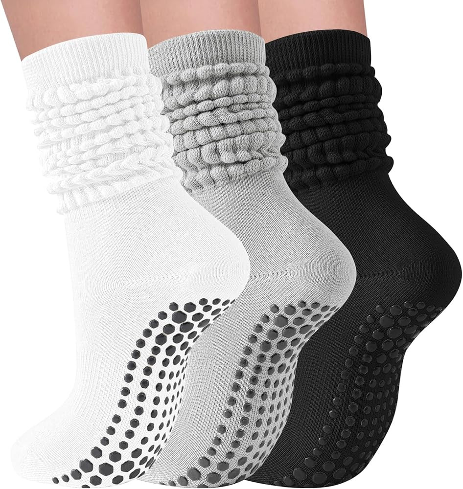 3 Pairs Grip Pilates Socks for Women Non Slip Long Slouchy Socks for Yoga Barre Workout Hospital | Amazon (US)
