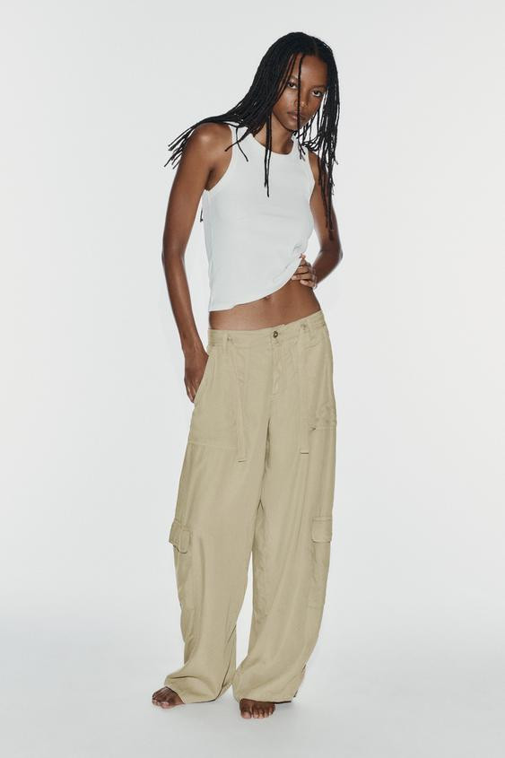 Zara - Fluid Oversized Cargo Pants - Light Khaki - 31 (Us 12) - Woman | Zara US