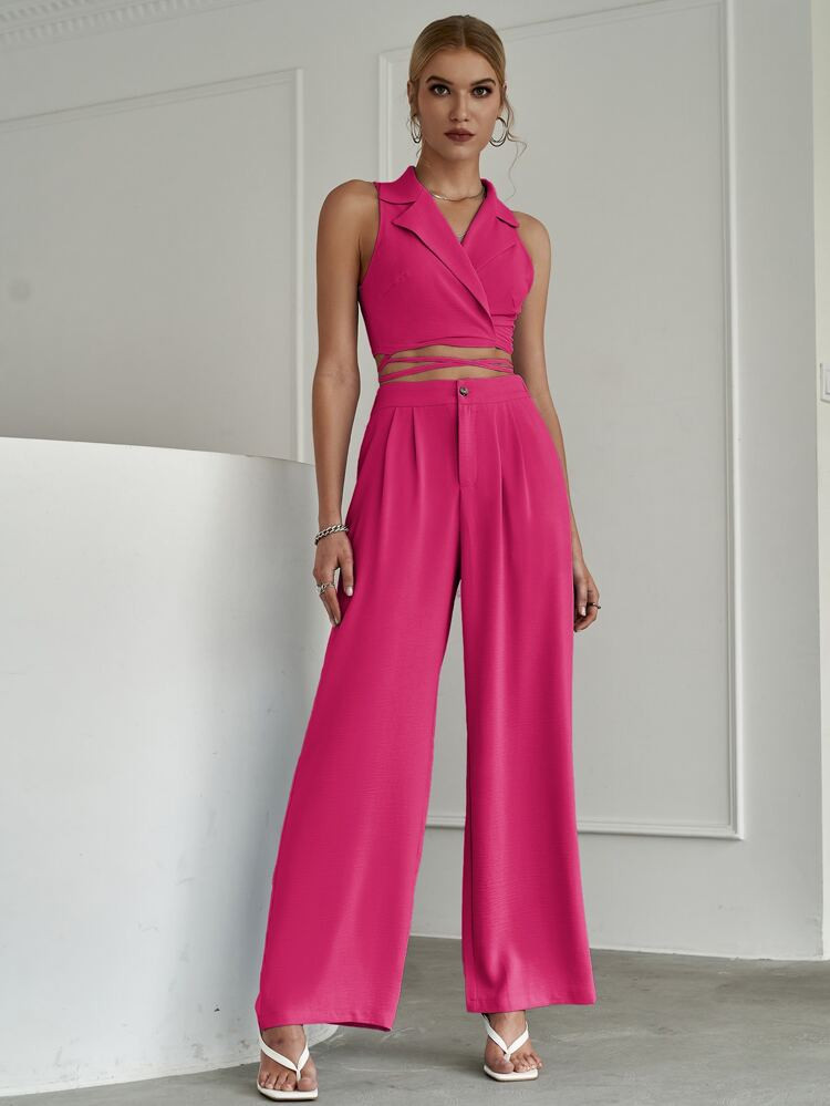 Sollinarry Crisscross Tie Back Crop Top & Wide Leg Pants Set | SHEIN
