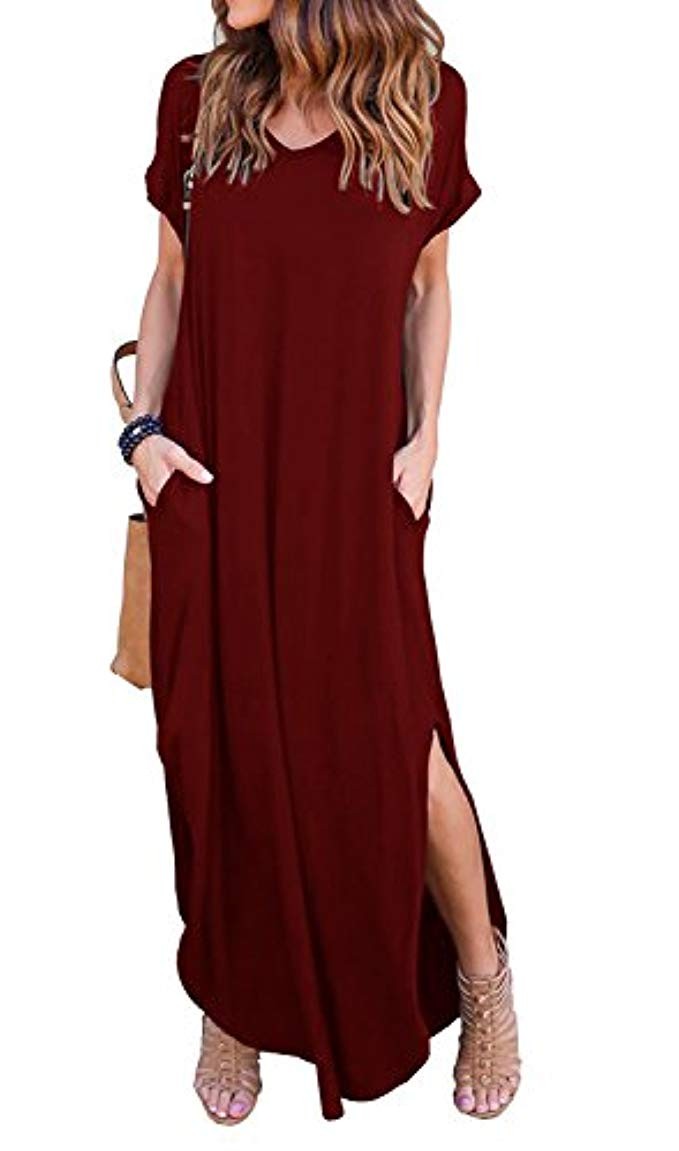 GRECERELLE Women's Casual Loose Pocket Long Dress Short Sleeve Split Maxi Dresses | Amazon (US)