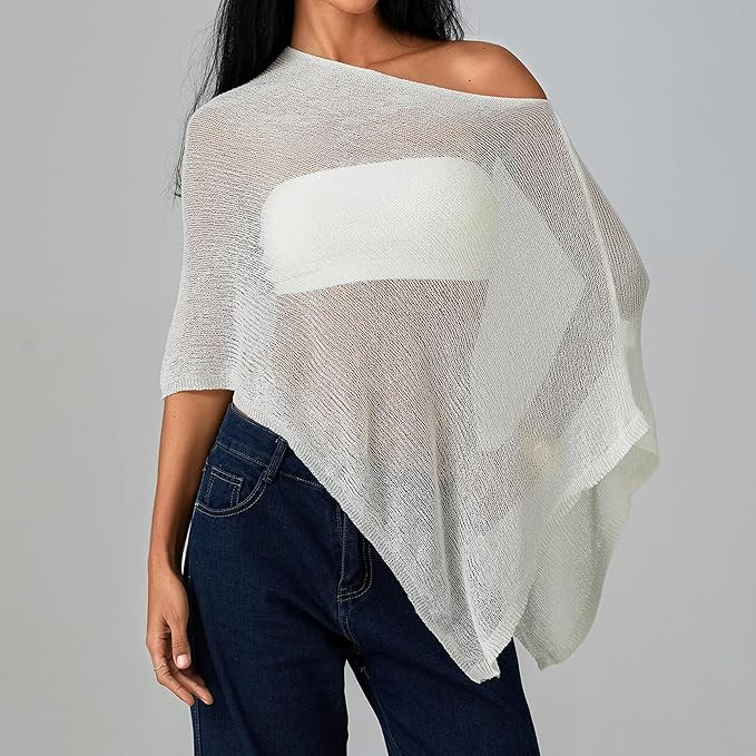 Women Sheer Poncho Top Knit Crochet Lightweight See Through Shawl Summer Shrug Beach Cover Up | Amazon (US)