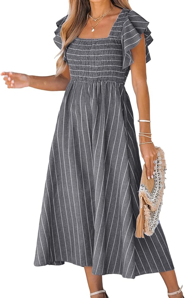 CUPSHE Women's Summer Dress Square Neck Striped Smocked Dress Ruffled Cap Sleeves Dress A Line Ma... | Amazon (US)