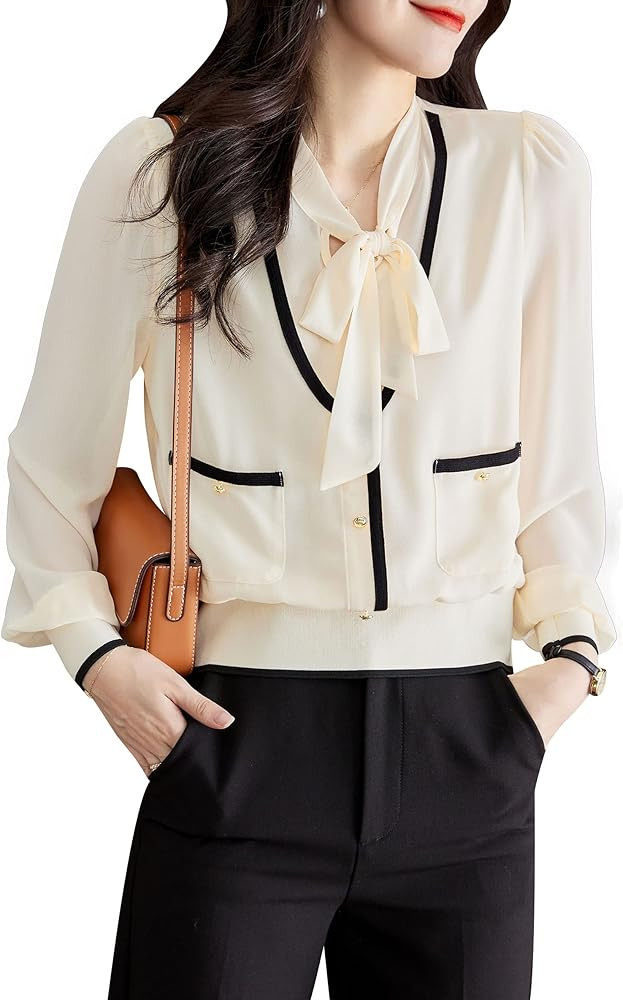 LAI MENG FIVE CATS Women's Casual Long Sleeve Elegant Shirt Patchwork Tunic Blouse Top | Amazon (US)