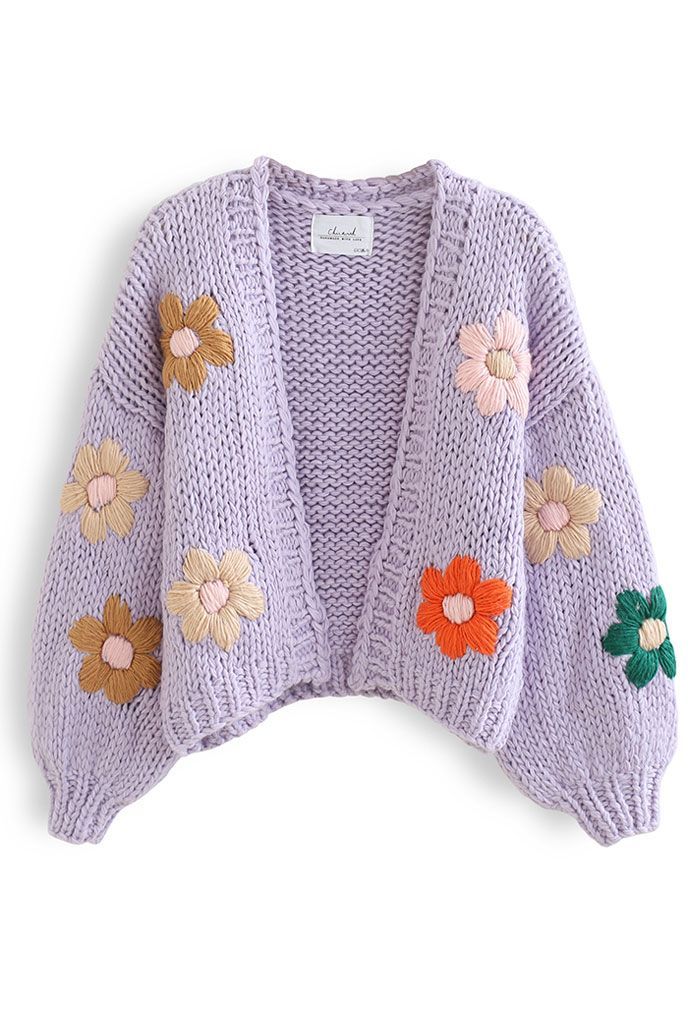 Stitch Flowers Hand-Knit Chunky Cardigan in Lilac | Chicwish