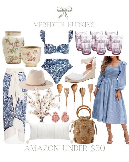 Amazon fashion, women’s fashion, spring fashion, vase, spring home decor, drinking glasses, two-piece swimsuit, swimsuit cover-up, blue and white swimsuit, woven tote, purse, artificial cherry blossoms, fedora, sun hat, kitchen utensils, beaded earrings, wooden spoons, smocked dress, Summer fashion

#LTKunder50 #LTKsalealert #LTKhome