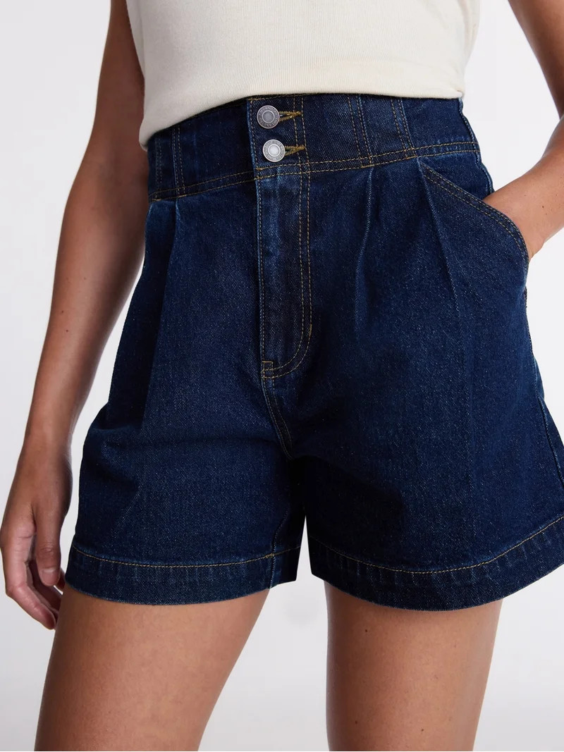 Time and Tru Women's High Rise Pleated Denim Shorts, 4.5" Inseam, Sizes 0-20 | Walmart (US)