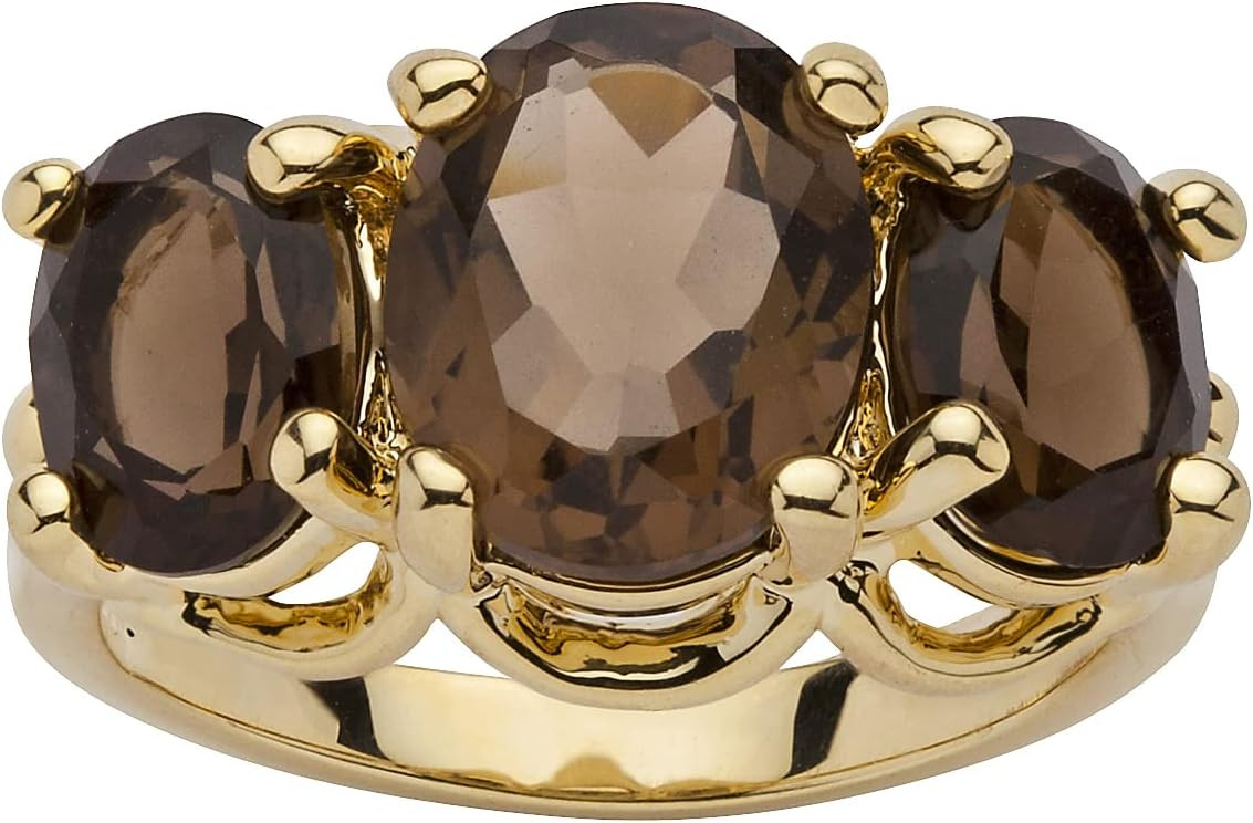 PalmBeach Yellow Gold-plated Oval Cut Genuine Smoky Quartz 3-Stone Ring Sizes 5-10 | Amazon (US)