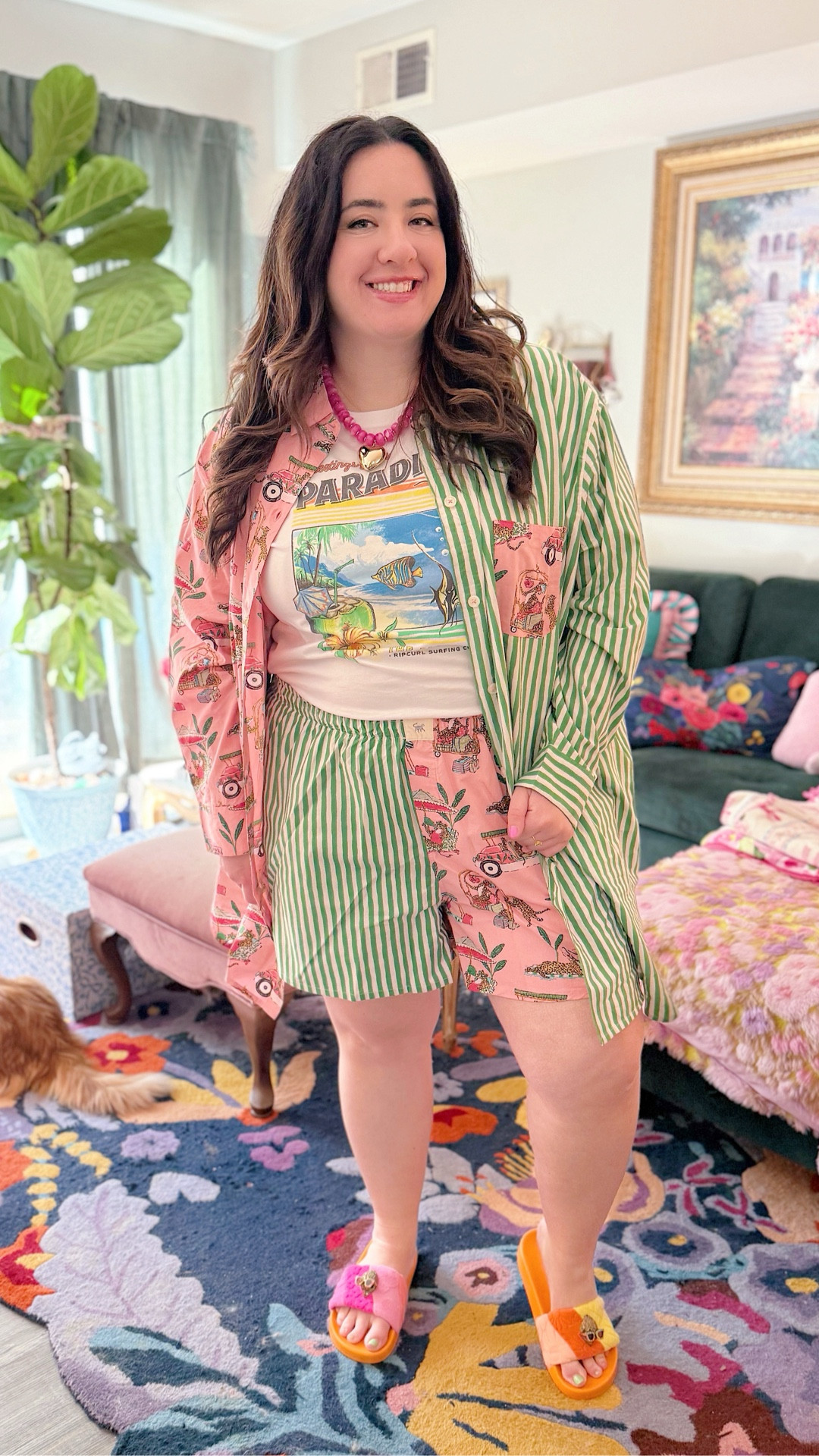 Brights for summer 🩷
Matching set, boxer shorts, lounge pants, graphic tee, beaded bag, colorful outfit, casual summer outfit 

#LTKootd #LTKMidsize #LTKSeasonal