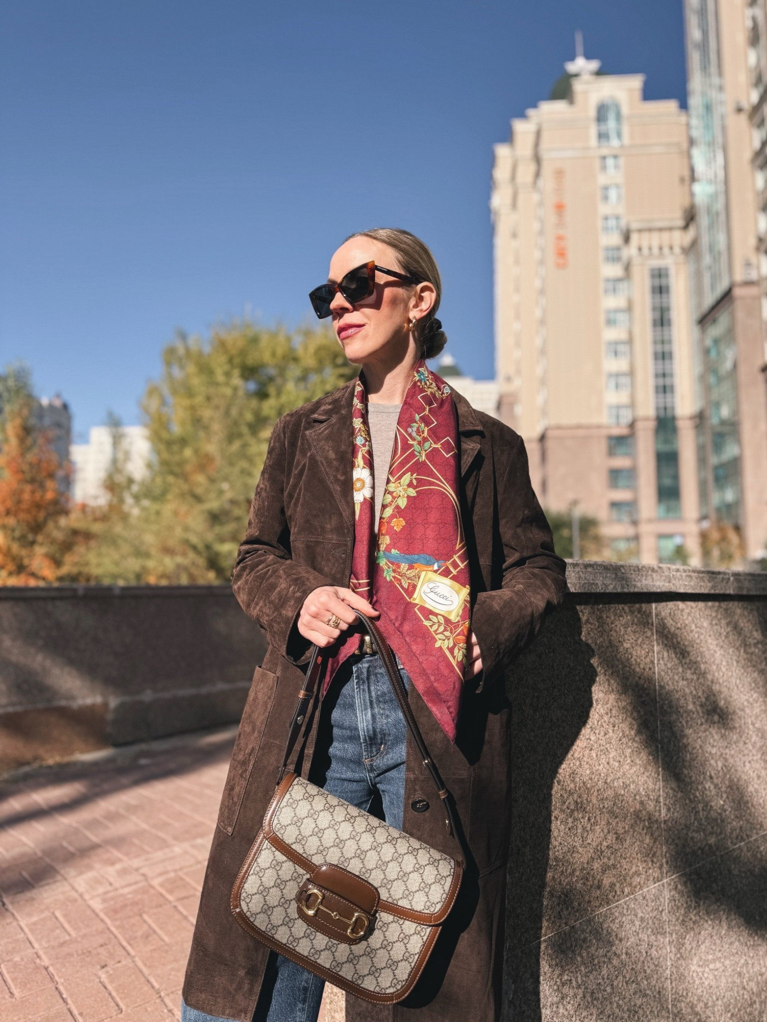 Dark brown suede coat, burgundy Gucci scarf, silk scarf outfit, classic fall style over 40

#LTKOver40 #LTKSeasonal