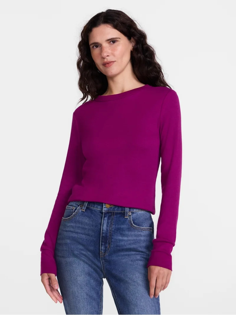 Scenario Women's and Women's Plus Rib Tee with Long Sleeves, Sizes XS-4X | Walmart (US)