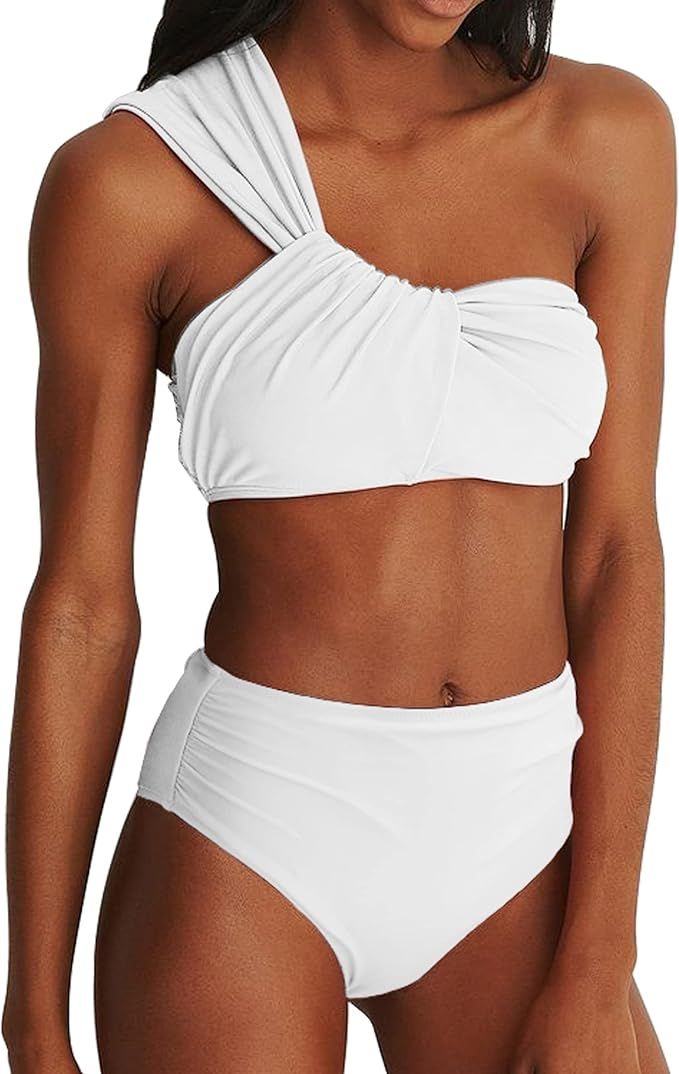 Womens One Shoulder Bikini Sets Ruched High Waisted Swimsuit Two Piece High Cut Cheeky Bathing Su... | Amazon (US)