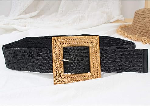 Women Skinny Dress Belt, Fashion Straw Woven Elastic Stretch Waist Band Wood Buckle Belt | Amazon (US)