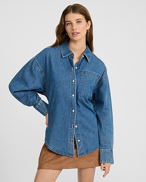 Medium Wash Denim Boyfriend Shirt | Express
