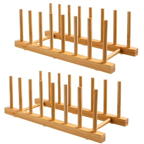 HBlife 2-Pack Bamboo Wooden Dish Rack Holder Space-Saving Vertical Organizer for Plates, Cups, Pots, Lids, Bowls & Cutting Boards Kitchen Cabinet & Counter Storage | Amazon (US)