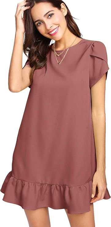 Verdusa Women's Round Neck Petal Short Sleeve Ruffle Hem Tunic Dress | Amazon (US)