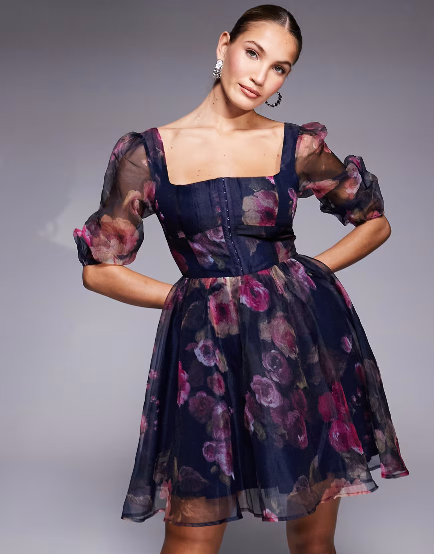 Lulus sheer sleeve organza mini dress in plum floral-Purple | ASOS (Global)