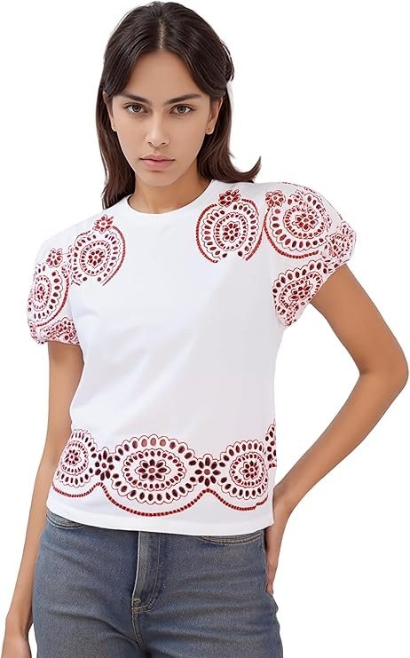 Women's Eyelet Print Blouse – Puff Sleeve Balloon Style Design, White Top with Red Patterned De... | Amazon (US)