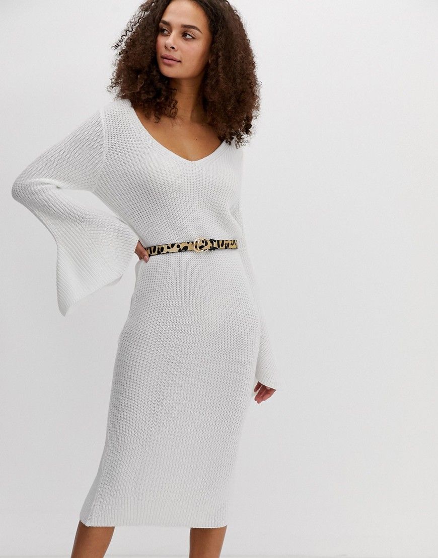 ASOS DESIGN v neck midi dress with flared sleeve - White | ASOS US
