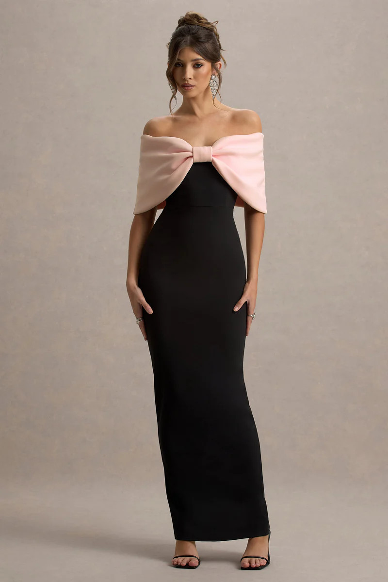 Cornelia  Pink & Black Strapless Maxi Dress With Oversized Bow | Club L London