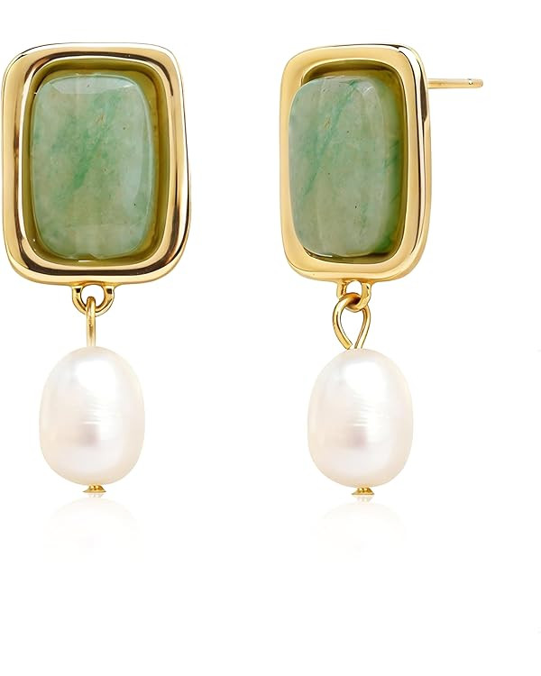 Sonateomber Gold Gemstone Dangle Drop Earrings for Women,Chunky Statement Pearl Square Natural St... | Amazon (US)