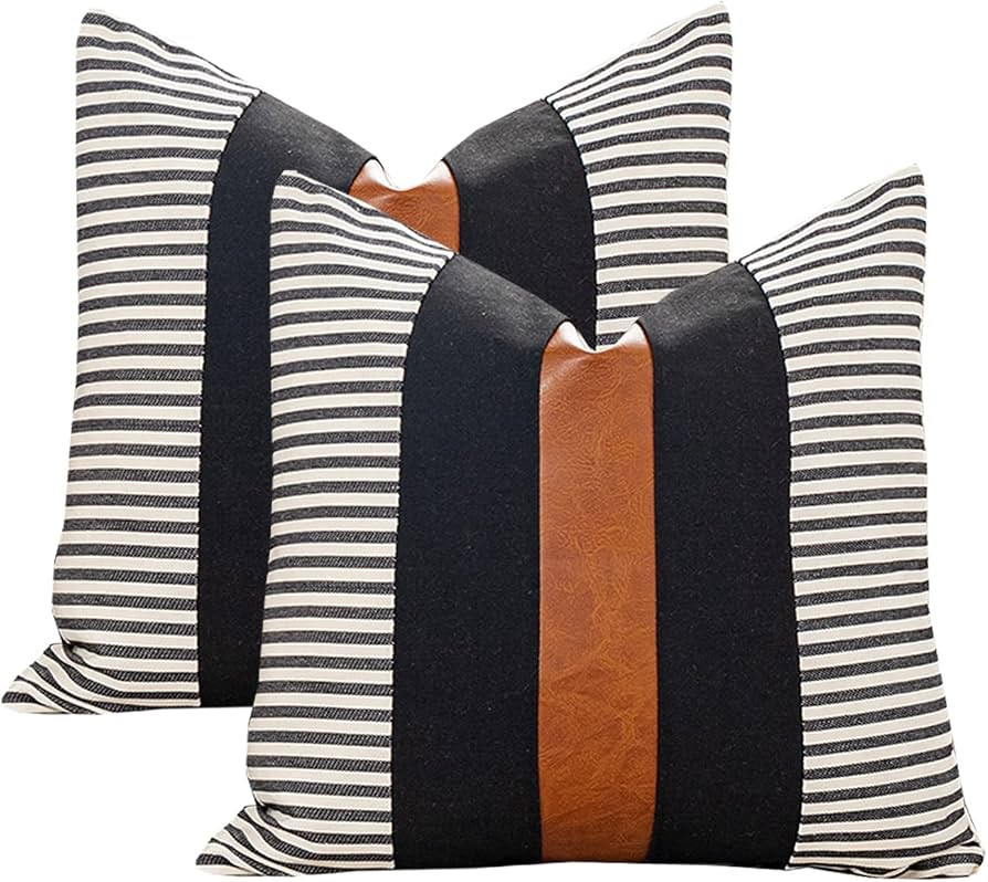 Set of 2 Boho Decorative Throw Pillow Covers 20x20 Inch Farmhouse Stripe Pillow Case,Faux Leather... | Amazon (US)
