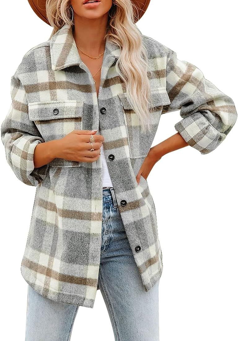 Dokotoo Womens Casual Plaid Button Down Long Sleeve Shirts Flannel Shacket Jacket Coats | Amazon (US)