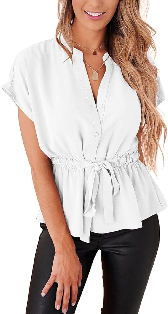 Womens Button Down Blouses Casual Peplum Summer Tops Dressy Chiffon Work Blouse | Amazon (US)