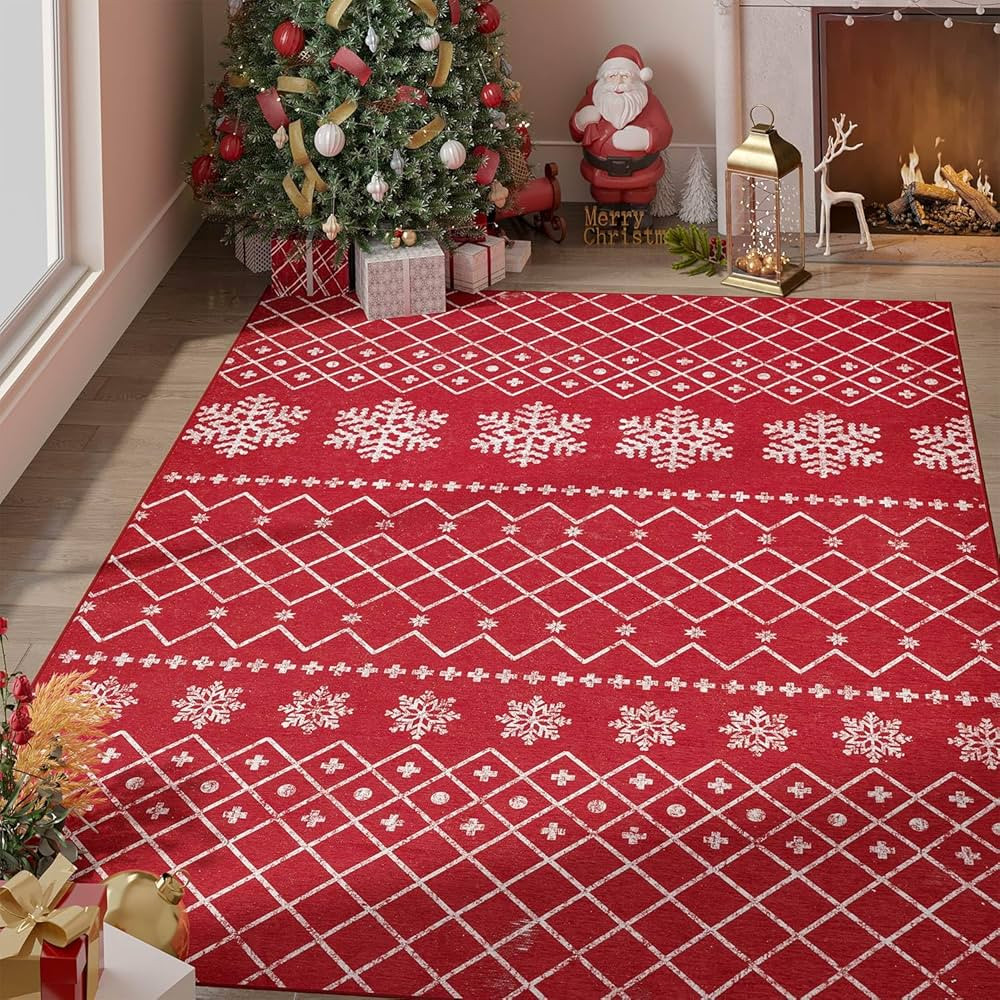 jinchan Christmas Area Rug 5x7 Red Rug Xmas Snowflake Modern Rug Kitchen Rug Washable Rug Non Sli... | Amazon (US)