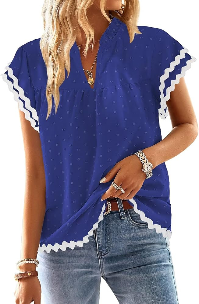 Falechay Womens Tops Summer Short Ruffle Sleeve V Neck Blouses Cute Boho Swiss Dot Lace Shirts Ca... | Amazon (US)