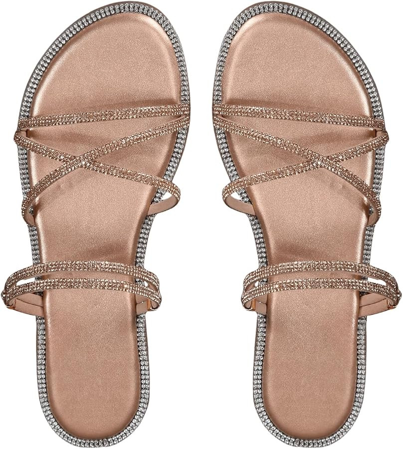 OYOANGLE Women's Rhinestone Strappy Open Toe Slide Sandals Slip on Casual Flat Sandals | Amazon (US)